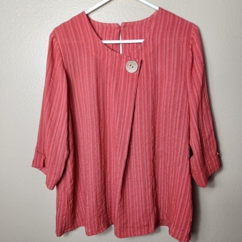 Fridaze Womens Rust Red Stripe 100% Linen 3/4 Sleeve Lagenlook Top-Size L